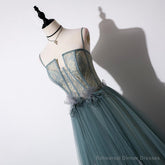 Lovely Green Tulle Lace Top Long Strapless Handmade Prom Dress,Tulle Evening Dress Party Dress